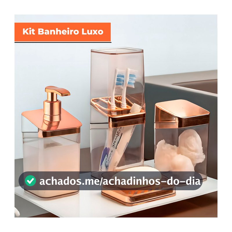 Kit Banheiro Luxo Lavabo Porta Sabonete Sabão Líquido Algodão Escova de Dentes Rose Gold
