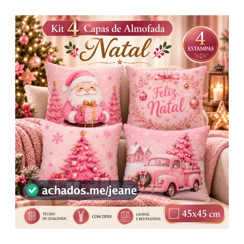 Kit com 4 Capas de Almofada de Natal 45x45 cm –  Natalinas com efeito 3D ️NÃO SÃO ALTO RELEVO E SIM ESTAMPADAS️