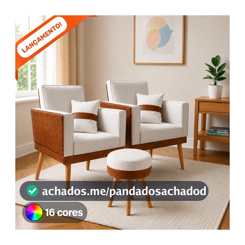 Kit 2 Poltrona Decorativa Lis Almofada Puff Redondo Corino Peroba Suede Aninha Decor