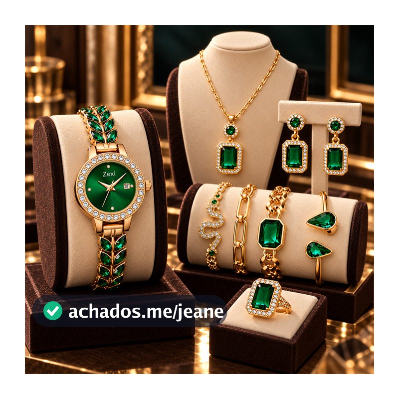 Conjunto Completo Relógio + Joias de Pedra Verde - Kit Luxuoso para Presente
