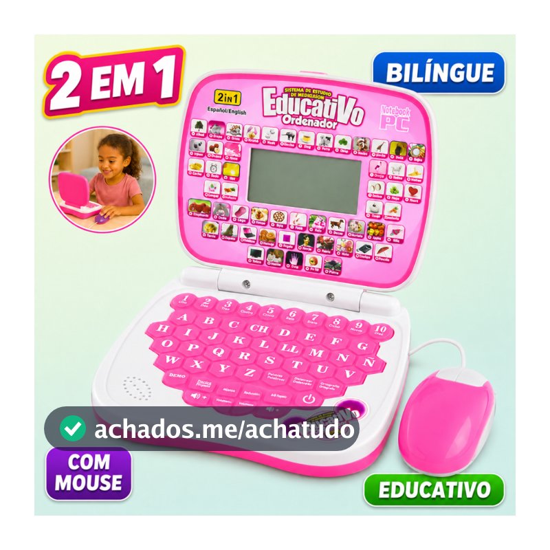 Laptop Infantil Bilíngue com Mouse Brinquedo Educativo 3 Anos Menina Rosa Mini