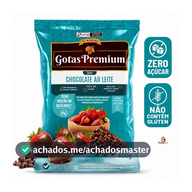 Chocolate Gotas Premium Zero Açúcar 400g Ki-Kakau Para Brownies Cookies Ganache Trufas Coberturas Sem Glúten