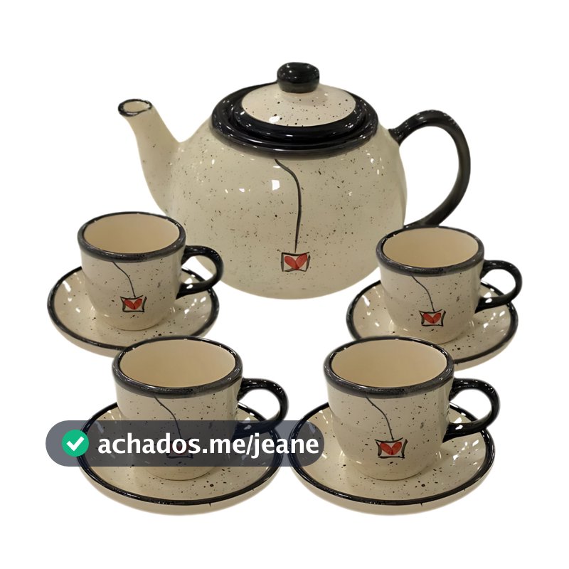 Kit Jogo De Chá Café 4 Xícaras 70ml + Bule 600ml Cerâmica