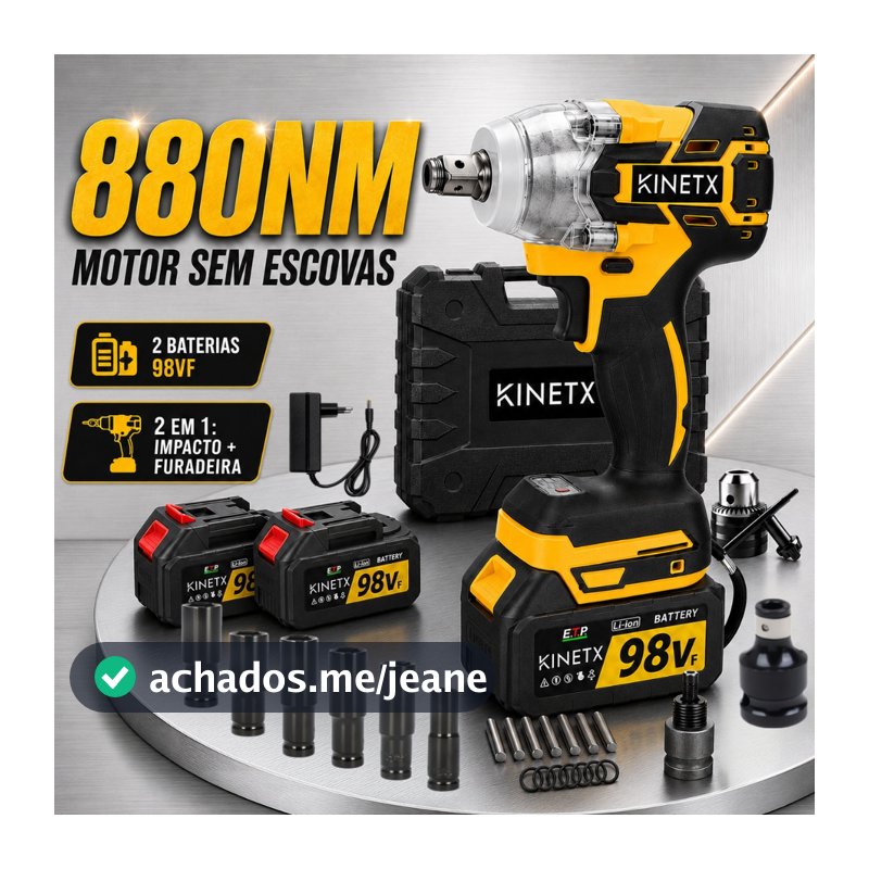 880NM 98Vf Brushless Chave de Impacto a Bateria2 Furadeira Parafusadeira Sem Fio + 2 Baterias KINETX
