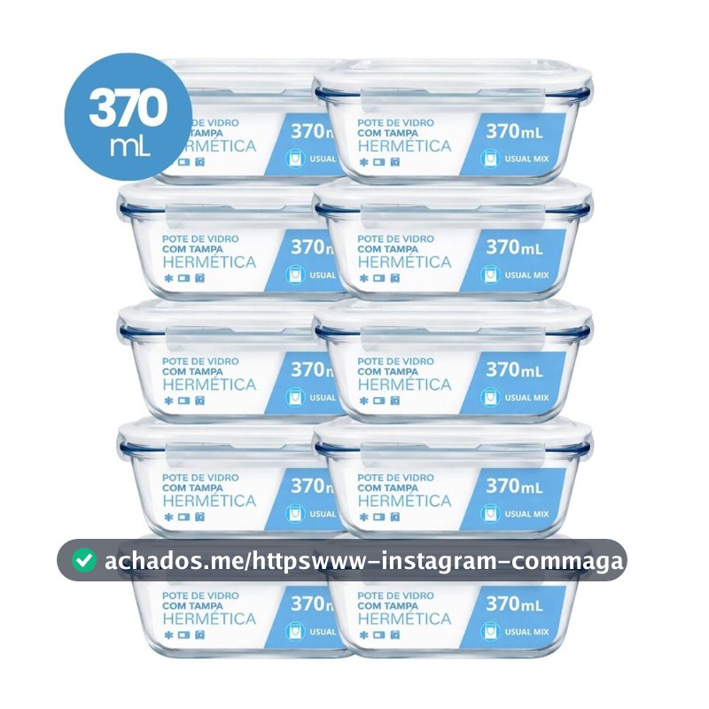 Kit 10 Pote Vidro Hermético Marmita 370ml Micro-ondas Freezer Forno Organização Geladeira