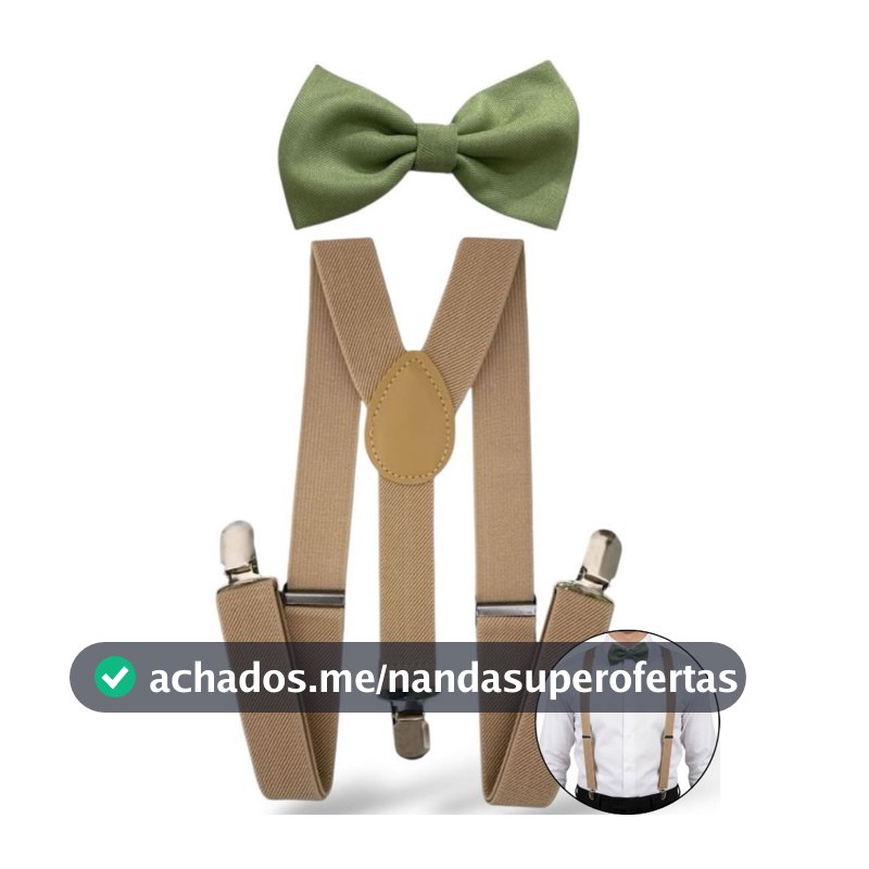 Kit Masculino Suspensório Bege e Gravata Borboleta Verde Oliva Clara Adulto Padrinhos de Casamento