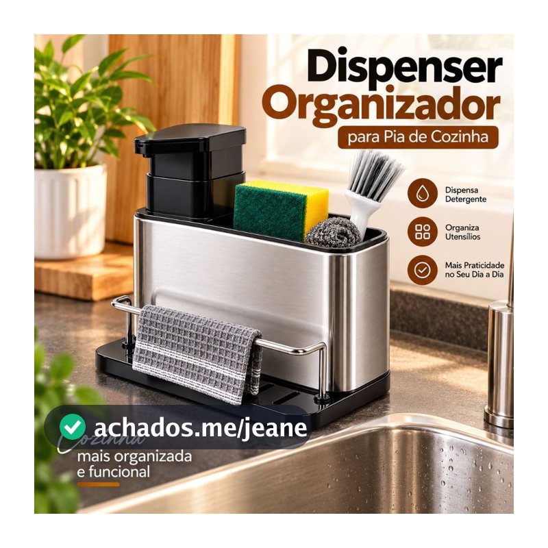 Organizador de Pia 3 em 1 Aço Inox com Dispenser de Detergente Porta Esponja Suporte para Pano - MN
