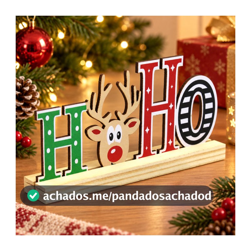 Decoração Natalina de Mesa MDF Rena Ho Ho Ho Enfeite Decorativo de Natal com Base de Pinus 18x9 cm