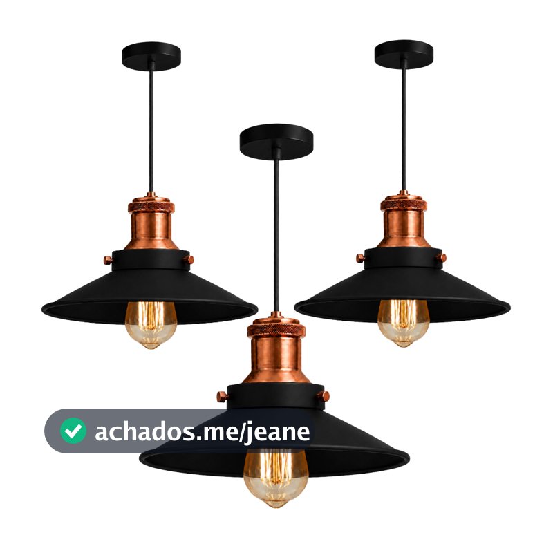 Kit 3 Pendente Nordic 22cm Preto Cobre Luminária Industrial Retrô