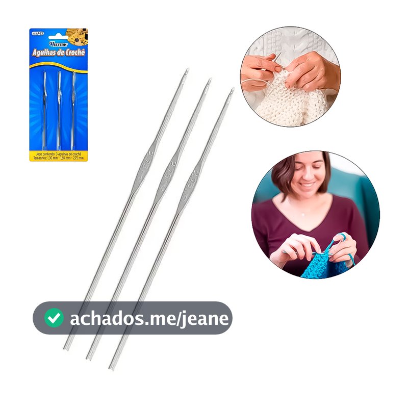 Kit 3 Agulhas Para Crochê Em Aço Carbono Profissional 1,3mm - 1,65mm - 2,75mm Fino Artesanato