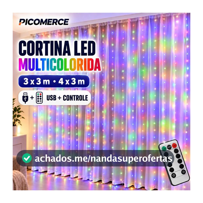 Cortina de Luz LED Multicolorida 3x3m ou 4x3m USB com Controle Remoto, 8 Modos para Festa e Decoração