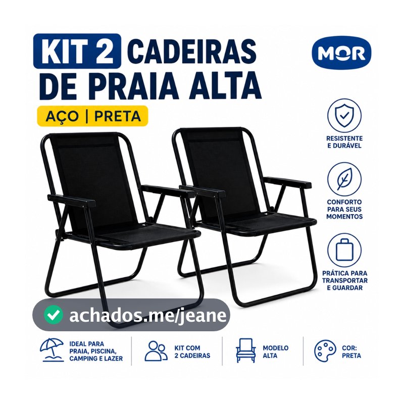 Kit 2 Cadeiras Praia Alta Camping Dobrável Preta 2059 Mor