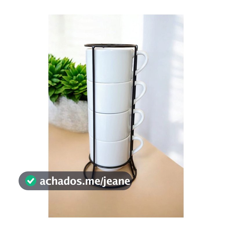 Jogo De 4 Xicaras Café Chá Porcelana branca lisa Com Suporte de Metal