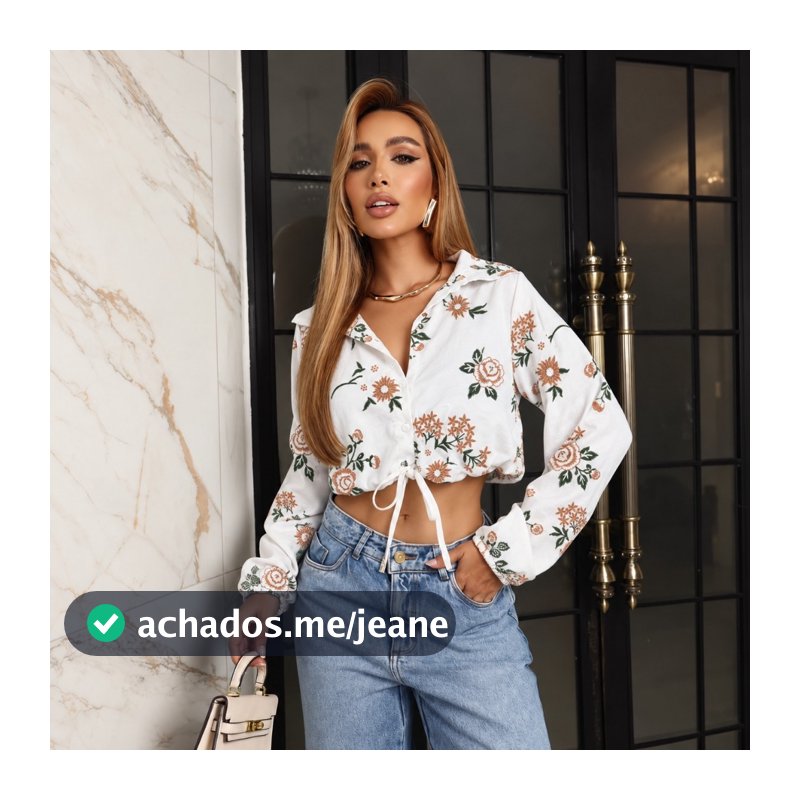 Cropped Camisa Feminina Manga Longa Crepe Seda Bordada Elegante Chic Moda Tendência