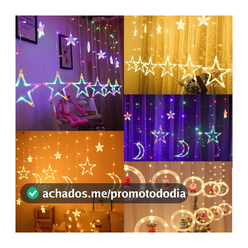 Cascata Led Pisca Pisca Cortina Luz RGB Amarela Decoração Natal Estrela Lua Papai Noel Neve Sacada