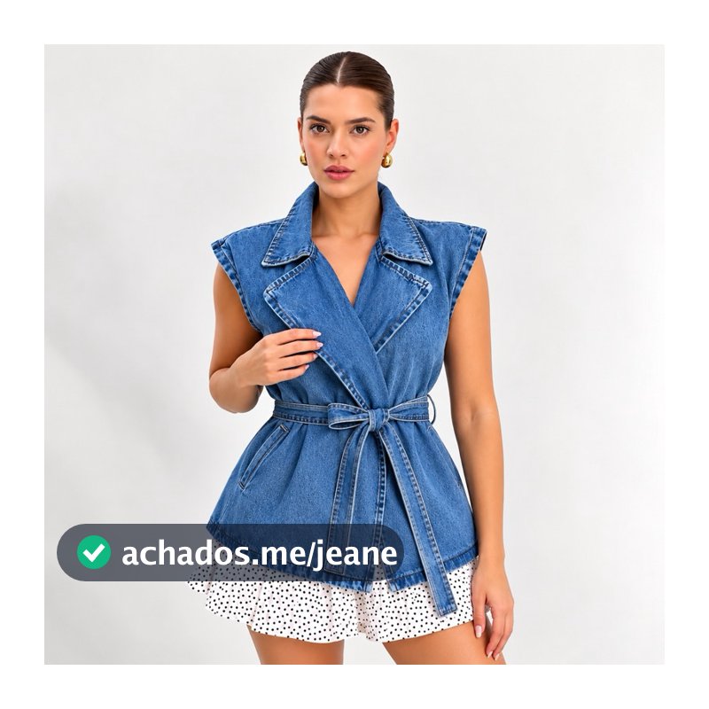 Colete Jeans Feminino Alongado Acinturado com Faixa Transpassado
