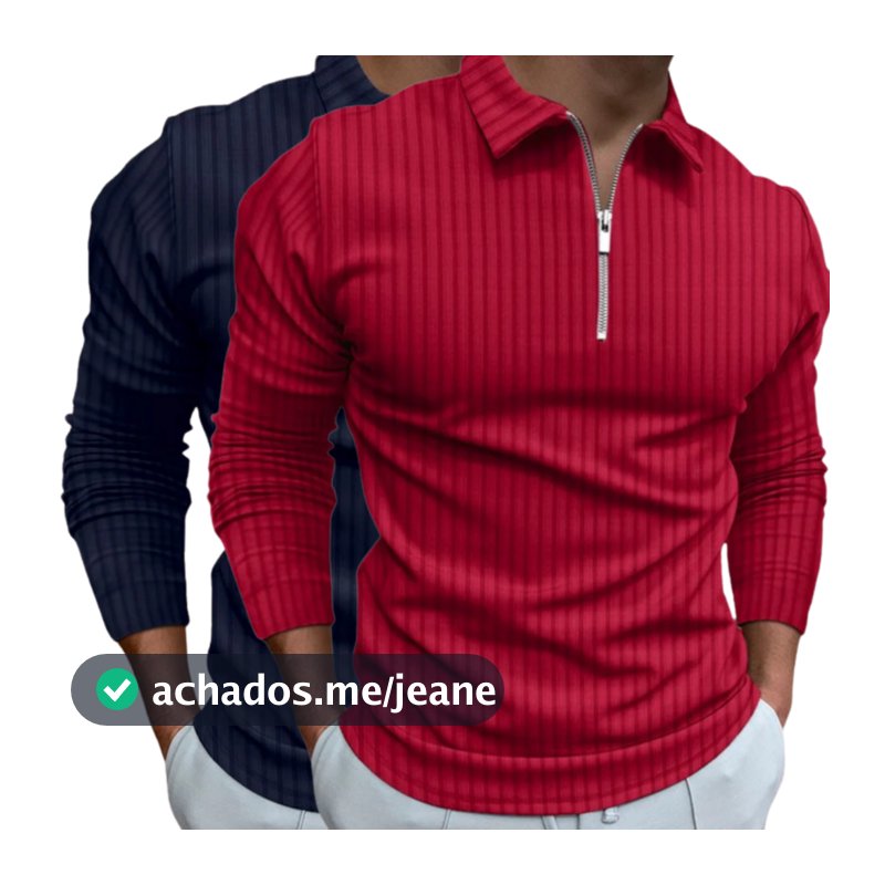 Kit 2 Camisetas Polo Manga Longa Camisa Com Ziper Masculina Malha Canelada Camiseta Camisa