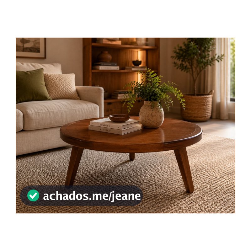 Mesa De Centro Redonda Para Sala Madeira Maciça 54cm Castanho