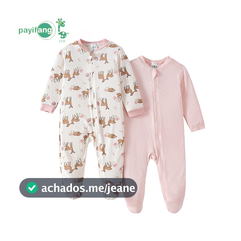 Kit 2 Macacão Bebê Manga Longa com Pé Zíper Fibra de Bambu 100% Cervo Flor Menina