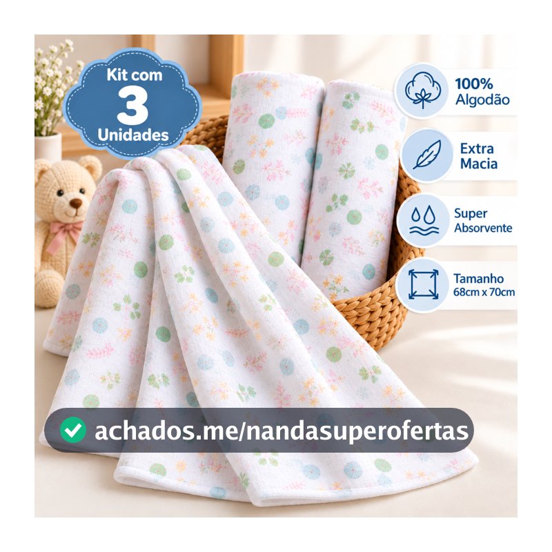 Kit 3 Fralda Pano De Ombro com Bainha Bebe Maternidade 100% Algodão Enxoval Macio Higiene