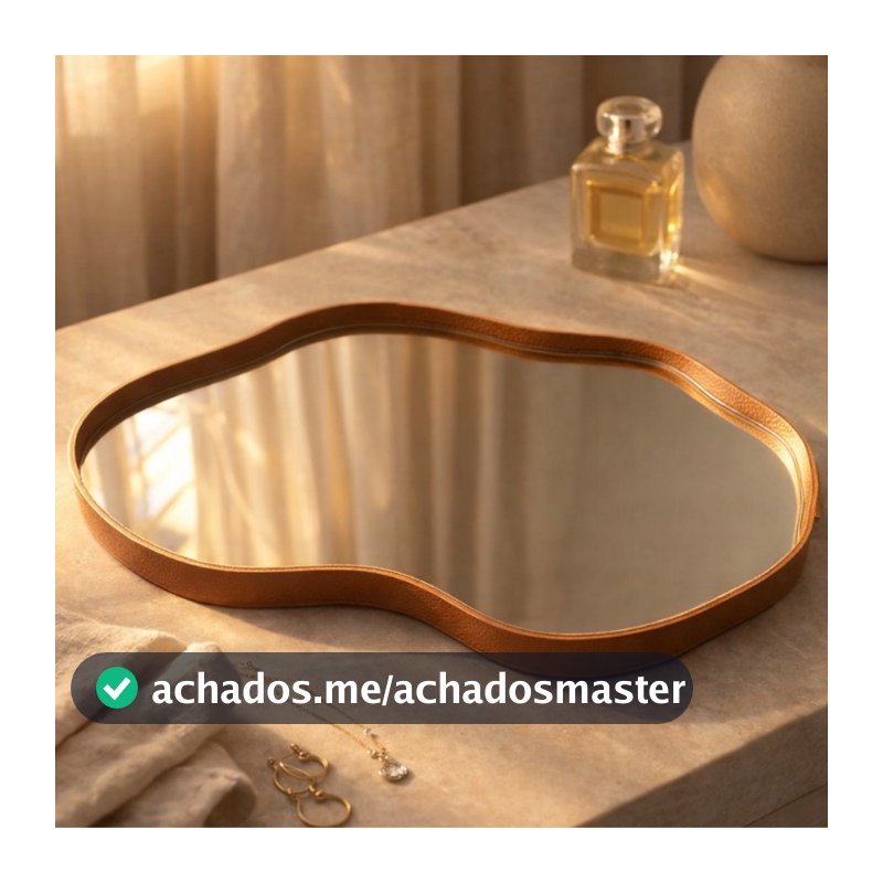 Bandeja Espelhada Decorativa Orgânico Couro Ecológico Premium 38x26cm Sala Quarto Banheiro Mesa Hall