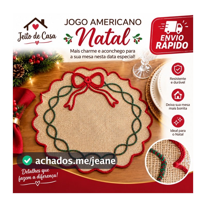 Jogo Americano Natalino em Talagarça com Cordão Decorativo – Mesa Posta de Natal – Jeito de Casa 🎄