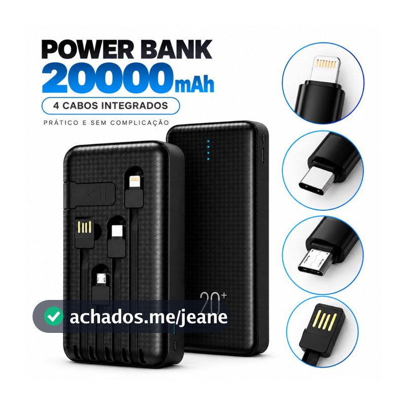 Power Bank Carregador Portátil Premium 20000mAh 4 Cabos Integrados USB-C Lightning
