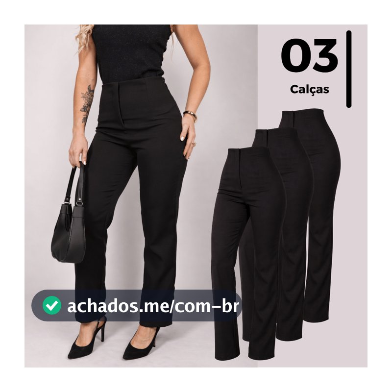 Combo de 3 Calça Feminina de Alfaiataria Reta sem Bolsos Cintura Alta Kit Casual Varias Cores