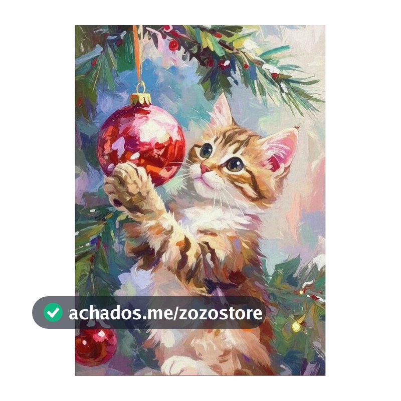 Quadro Decorativo Gatinho Tigrado brincando com a bolinha da árvore de Natal