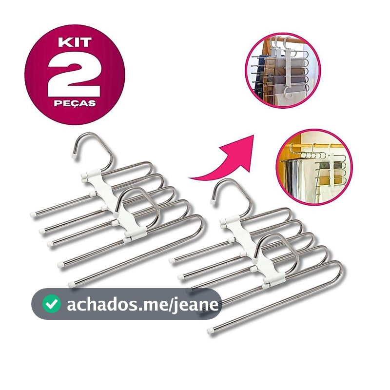 Ambito Dlux KIT 2 Cabides de Calças Multifuncional 5 Divisórias Branco Inox Retrátil 5 em 1 Cabide para Calças