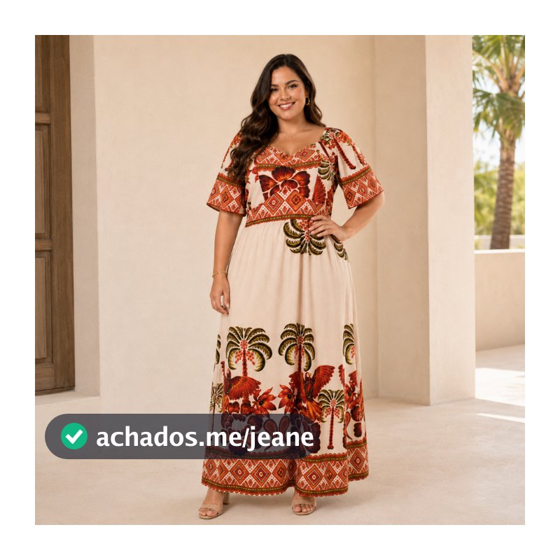 Vestido Longo Feminino Plus Size Estampado Manga Curta Decote V Soltinho Moda Evangélica