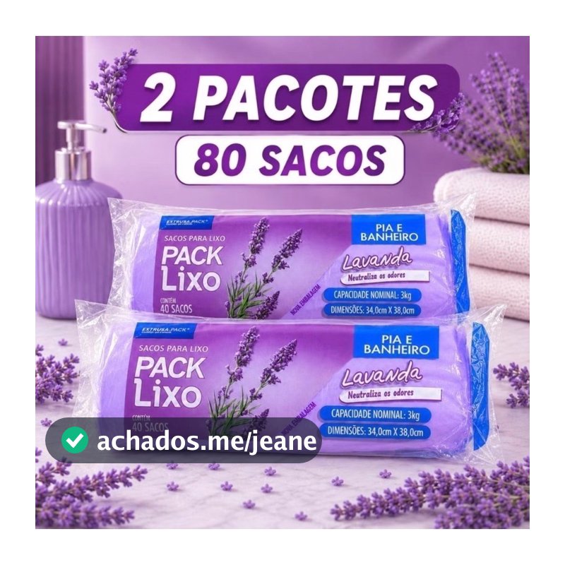 Kit 2 Packs Saco de Lixo Lavanda Pia e Banheiro 80 Sacos 34x38cm Neutraliza Odores Material Resistente
