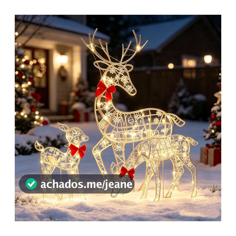 Kit 3 Renas de Natal em Ferro Artesanal com Luz LED Decoração Brilhante para Jardim e Casa -N8