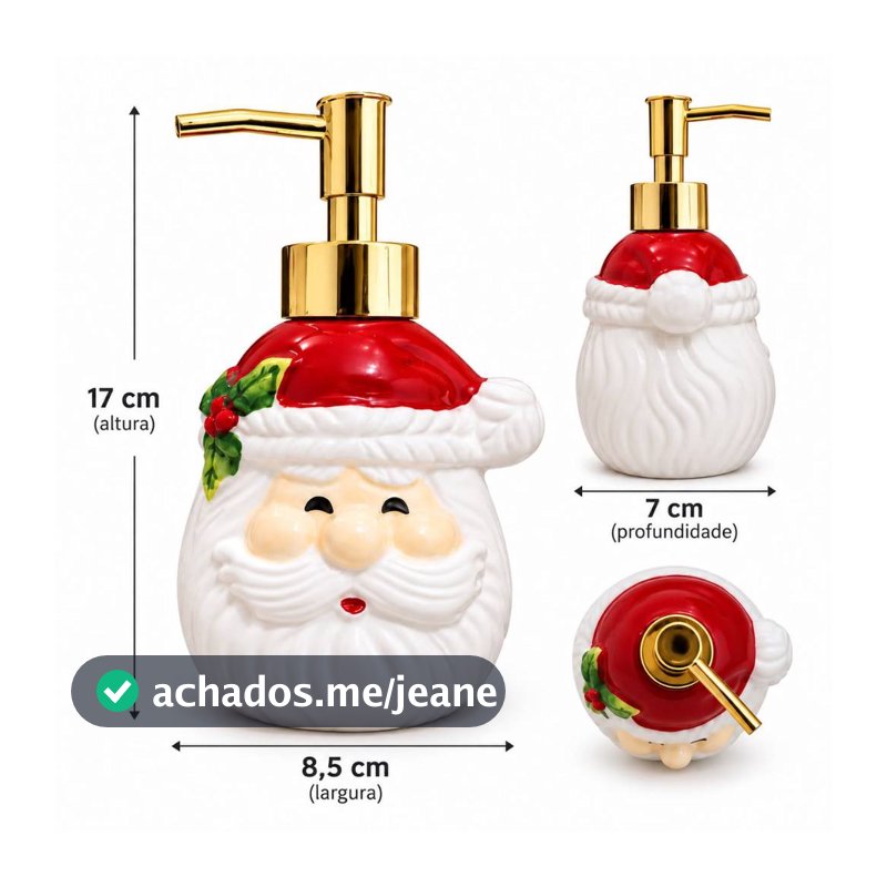 Porta-Sabonete Líquido Papai Noel Natalino com Pump Dourado