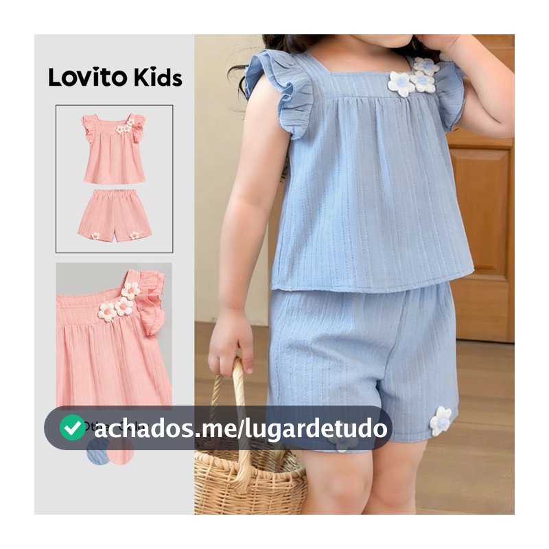 Lovito Kids Floral Conjunto Casual de Shorts com Apliques de Babados Azul Primavera/verão para Meninas L186LD218