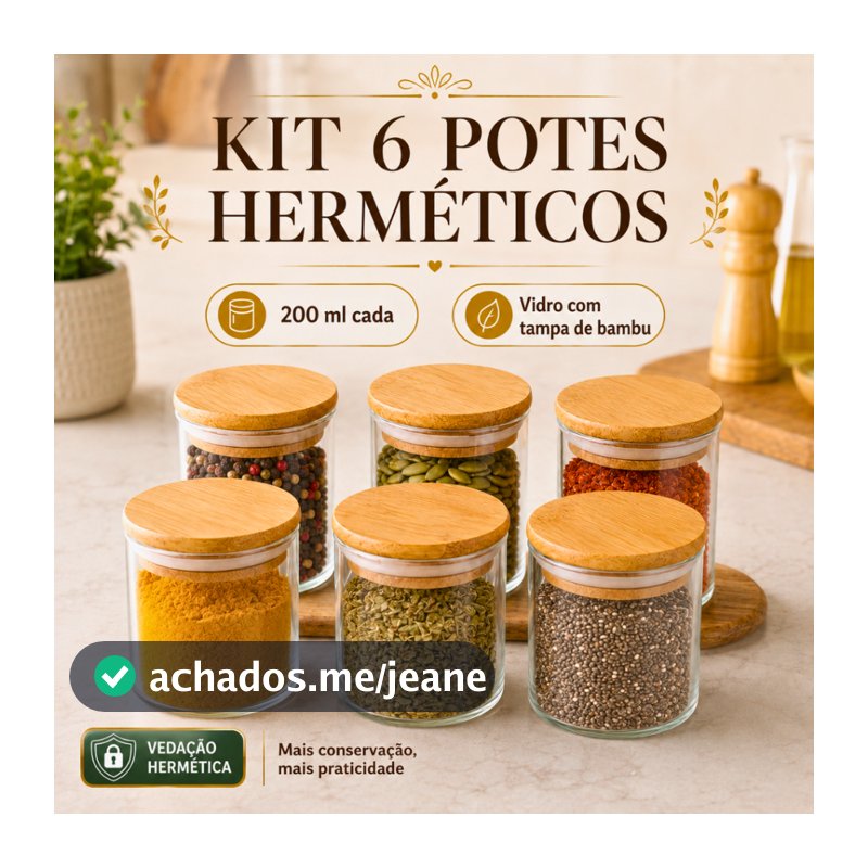 Conjunto de 6 Potes Ideal Para Temperos e Alimentos Pote de Vidro com Tampa de Bambu Hermético 200ml Alta Vedação
