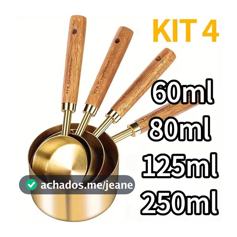 Conjunto de xícaras medidoras em aço inoxidável com cabo de madeira – 60/80/125/250ml