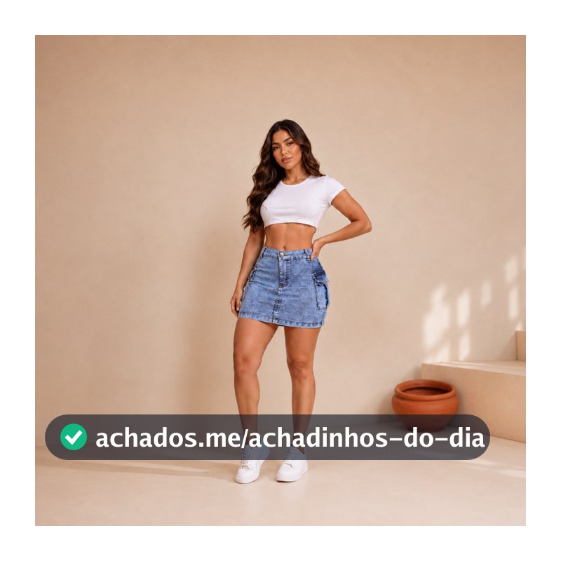 Saia Cargo jeans Feminina Bege Cintura Alta Com Lycra e bolsos laterais Levanta Bumbum