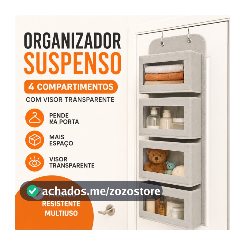 Organizador Suspenso 4 Compartimentos com Visor Transparente Porta Closet Guarda-Roupa Banheiro