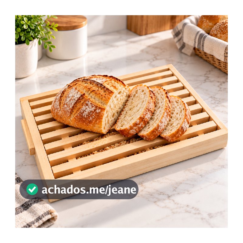 Tabua Migalheira Para Cortar Pão Bolo Hambúrguer Em Bambu Cozinha Com Bandeja e Alça Descaço de Panela