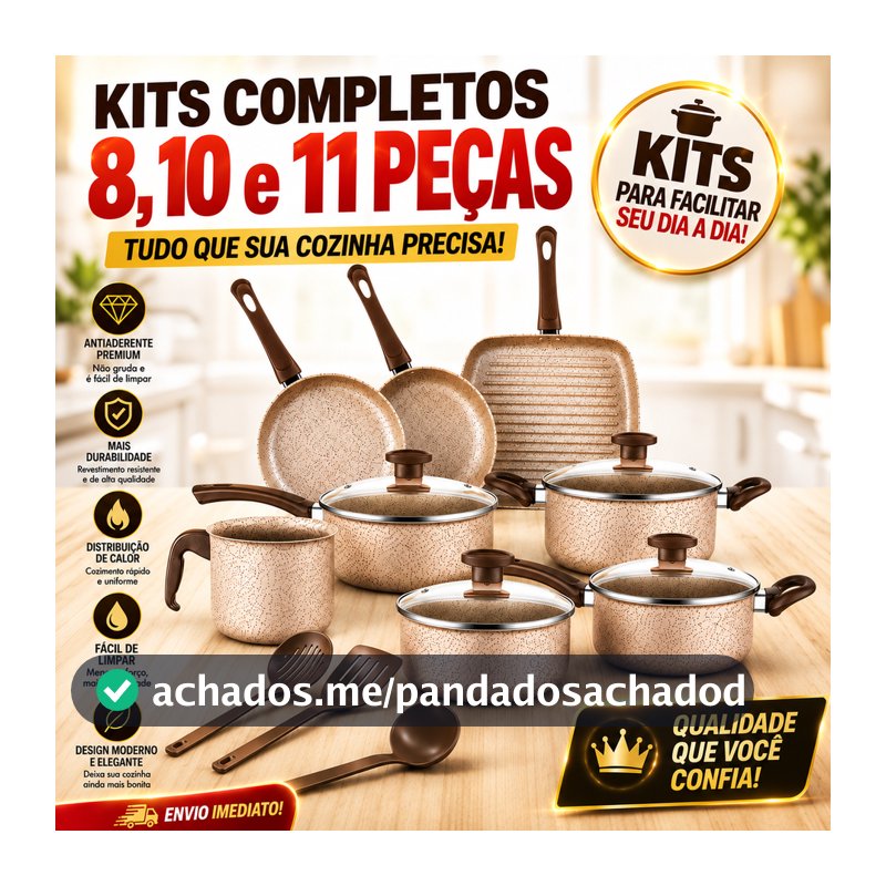Jogo de Panelas Antiaderente, Kit com 8, 10 ou 11 Peças - Com Tampas de Vidro e Utensílios