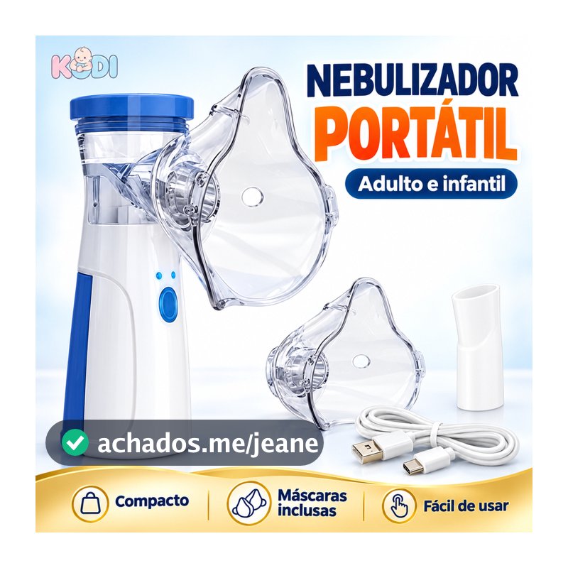Nebulizador Portátil Mesh Adulto e Infantil com Máscaras e Bocal Alimentação USB-C ou Pilhas AA KODI