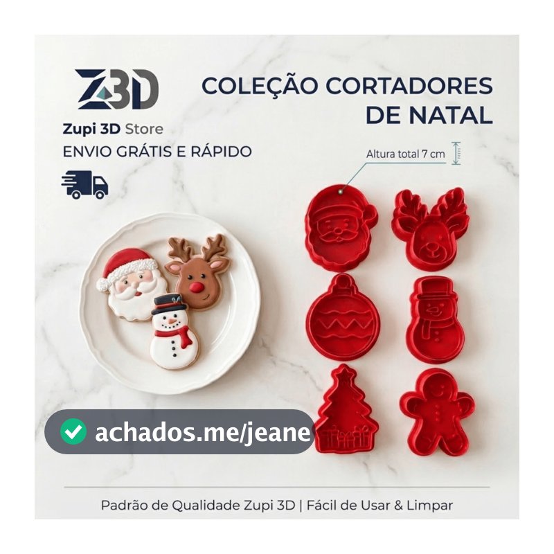 Kit 6 Cortadores De Biscoito Moldes Assar 3D Natal Marcador Com Puxador 7cm