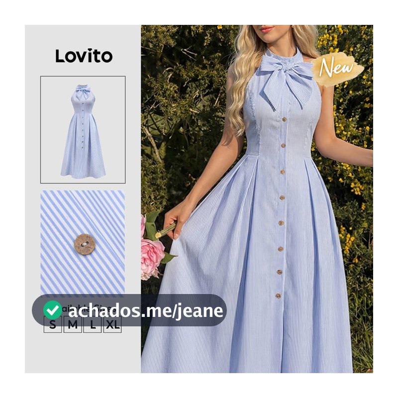 Lovito Vestido Feminino Azul Listrado com Amarração e Botão Frontal Modelo Longo A Primavera Verão Casual Fim de Semana e Traje de Trabalho DRT39BR067