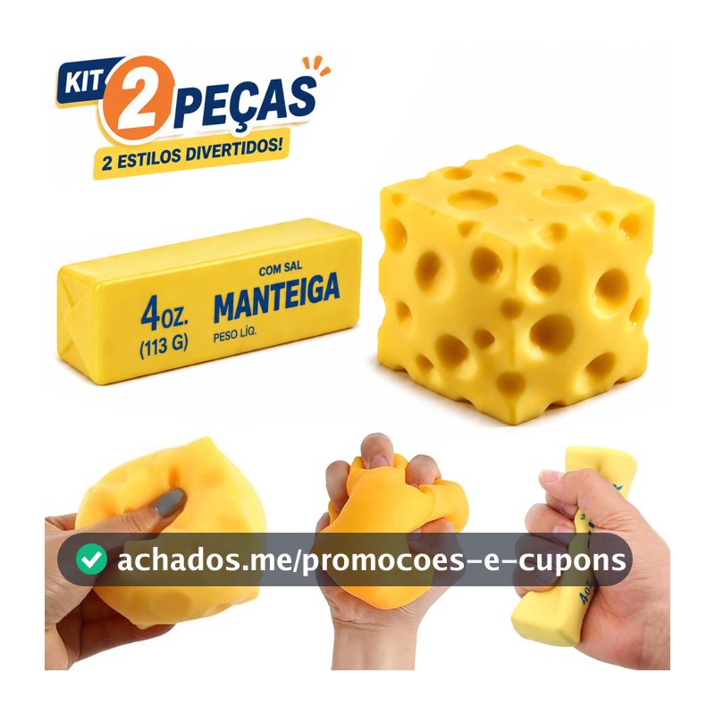 Kit 2 Squishies Manteiga e Queijo, Brinquedos de Apertar Antiestresse, Sensoriais, Presente para Crianças e Adultos