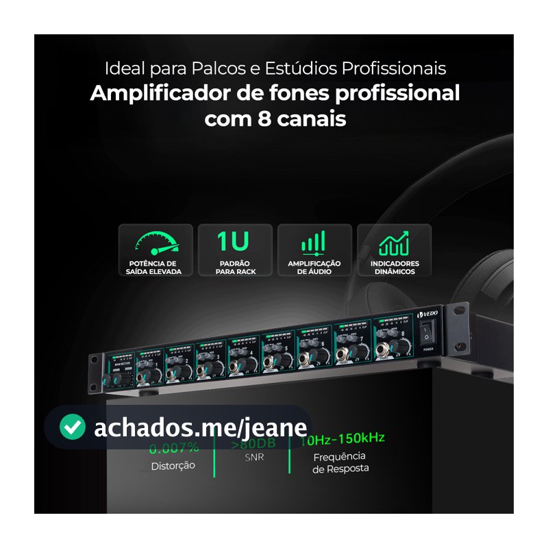 VEDO Amplificador De Fones De Ouvido 8 Canais VD8000-V Tipo Power Play Com 8 Amplificadores Estéreo Independentes