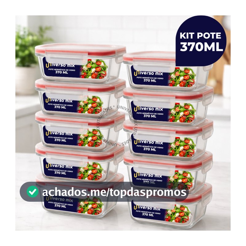 Kit 10 ou 5 Potes Vidro Hermético 370ml Retangular Premium Marmita Fitness