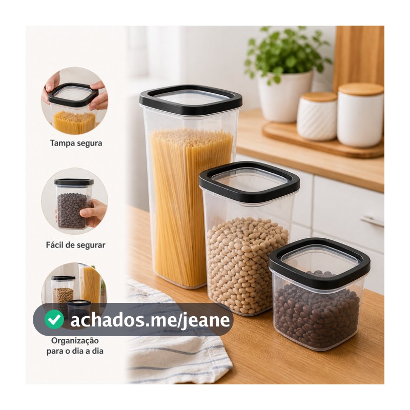 Kit 3 Potes Plastico Hermeticos Quadrados Organizador Cozinha Conservacao Alimentos