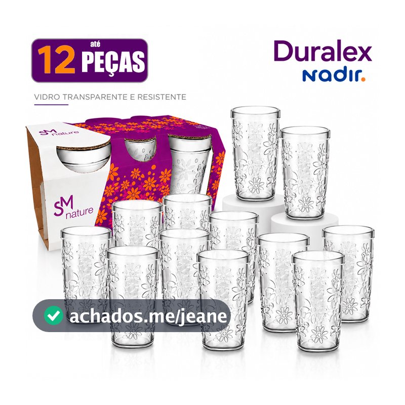 Conjunto Jogo de 12 Copos Nature SM Nadir 270ml Conjunto copos de vidro Mesa Posta Bebidas Drink