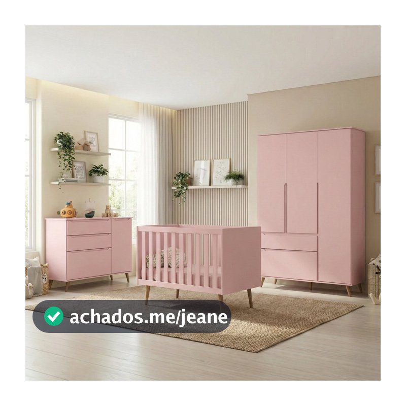 Quarto de Bebê Completo 3 Peças Berço Minicama 2 em 1, Cômoda e Guarda-Roupa Retrô 100% MDF Melinda Rosê
